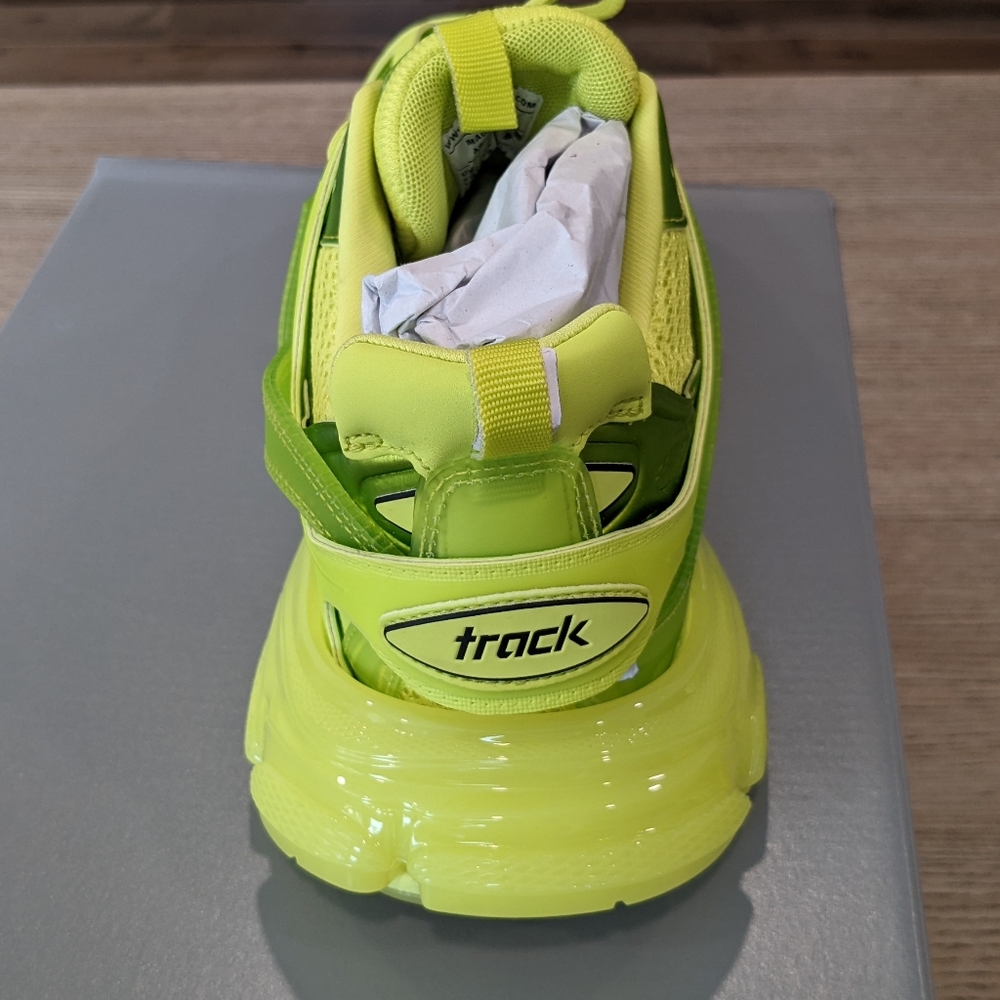 Men's Balenciaga "Track" Clear Sole Leather Free Sneakers Lime - Picture 6 of 8